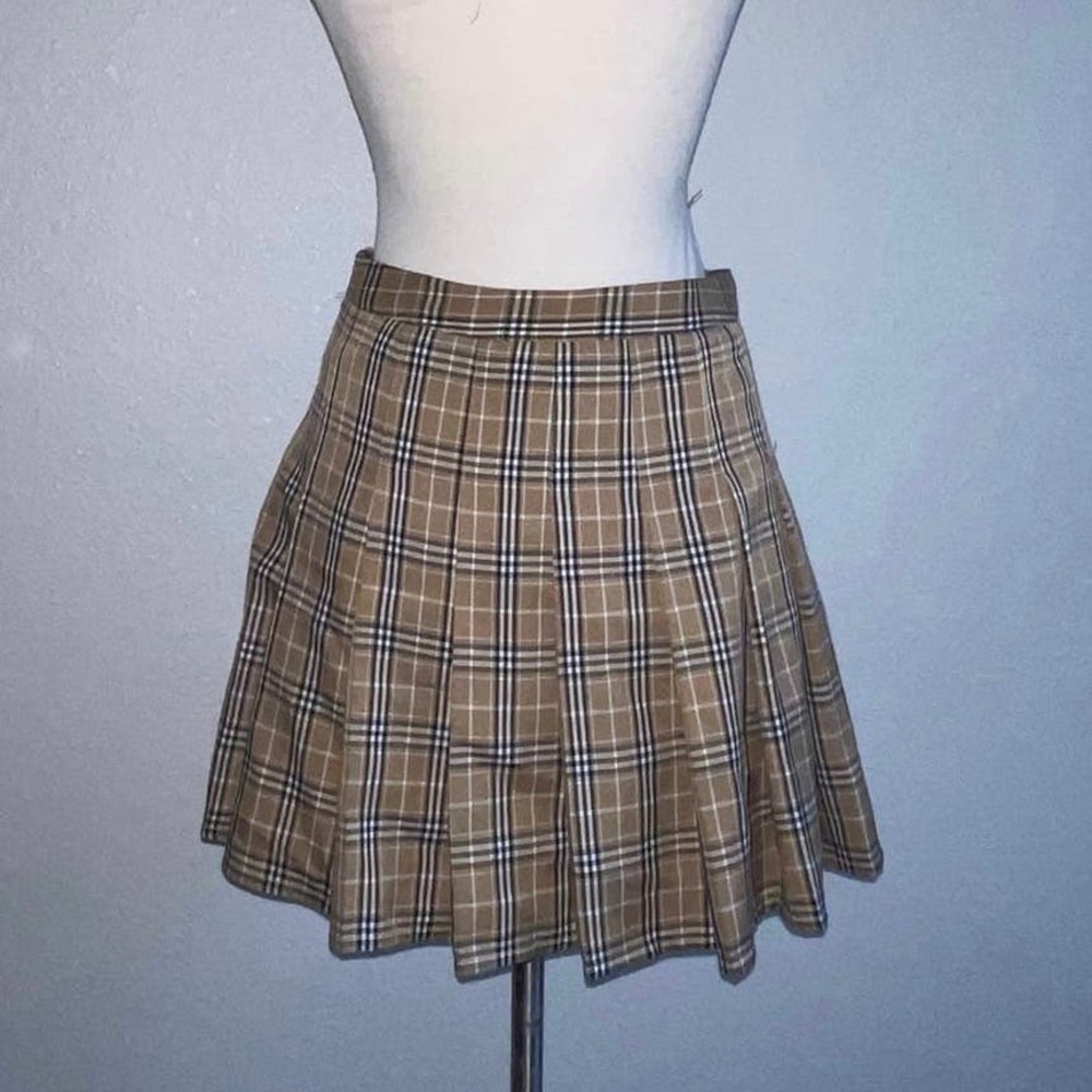 Beige Plaid Pleated Mini Skirt